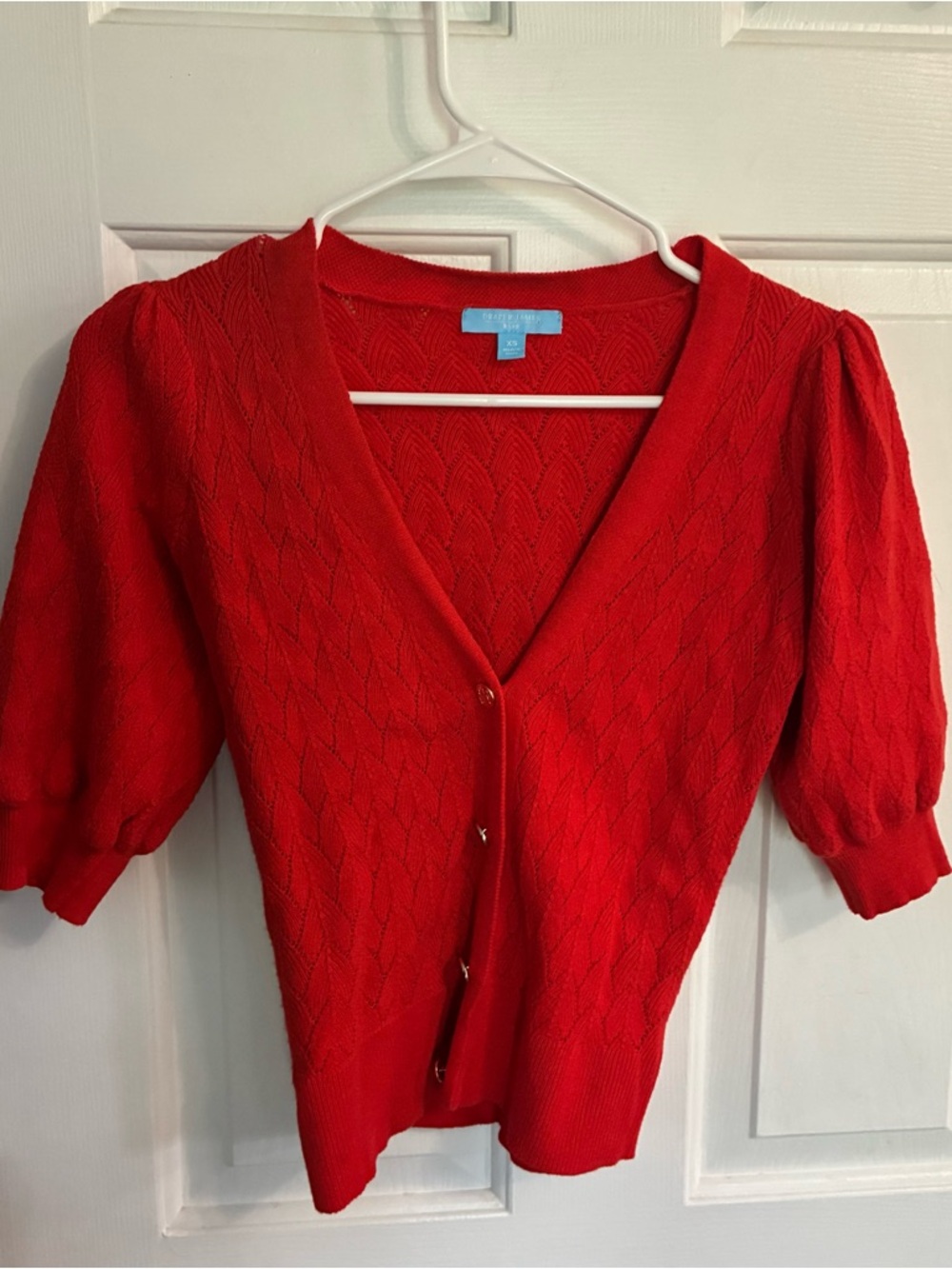 Draper James Red/Orange V-Neck Short Puff-Sleeve Cardigan